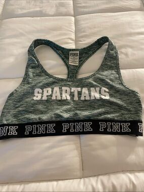 PINK Heather Green Racerback Sports Bra with Black Logo Band